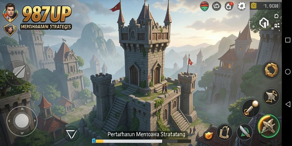 Tampilan gameplay 987UP menampilkan aksi menara pertahanan yang intens.