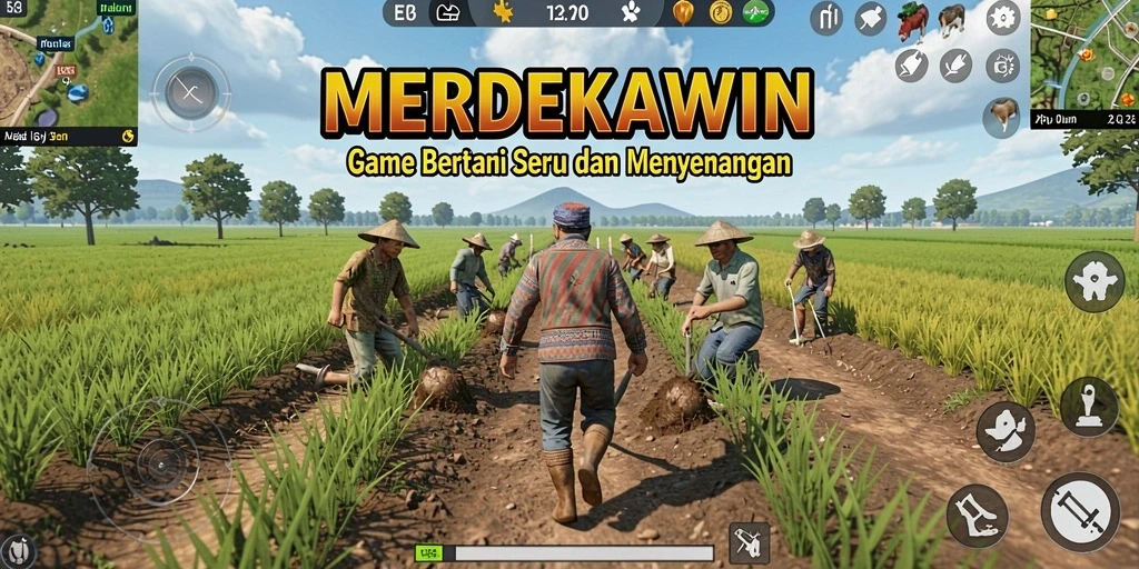 Screenshot gameplay <strong>MERDEKAWIN</strong> menunjukkan keindahan ladang dan tanaman yang subur.