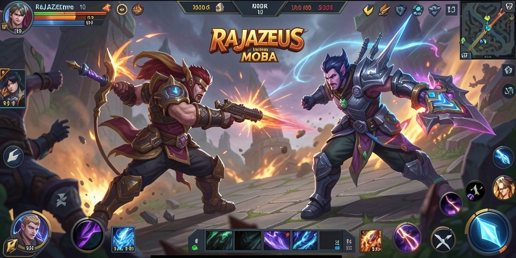 Tangkapan layar gameplay seru di RAJAZEUS dengan aksi MOBA yang mendebarkan.