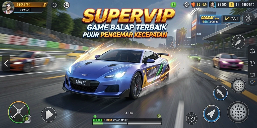 Screenshot SUPERVIP menampilkan aksi balap yang seru di berbagai trek.
